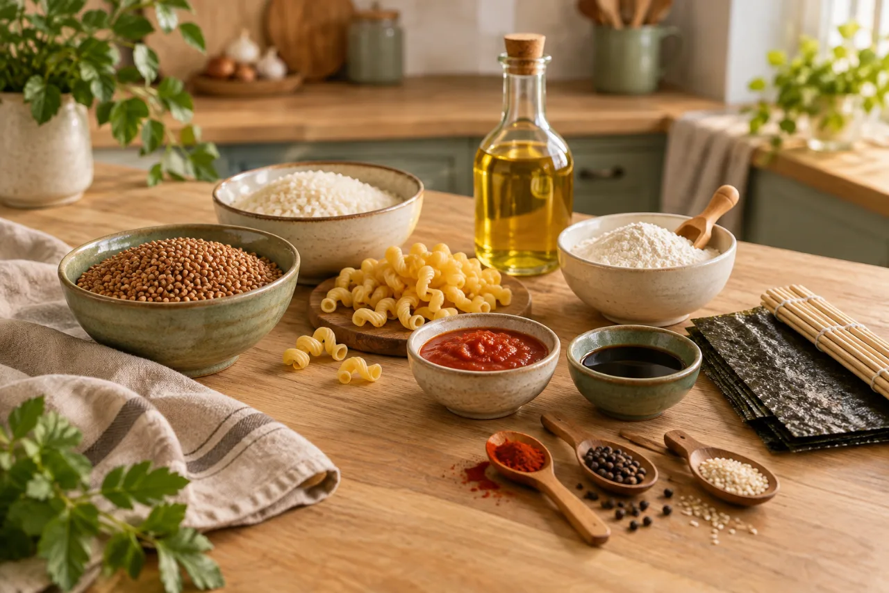 Иллюстрация домашней кухни: крупы, паста, мука, масло, соусы, специи и нори