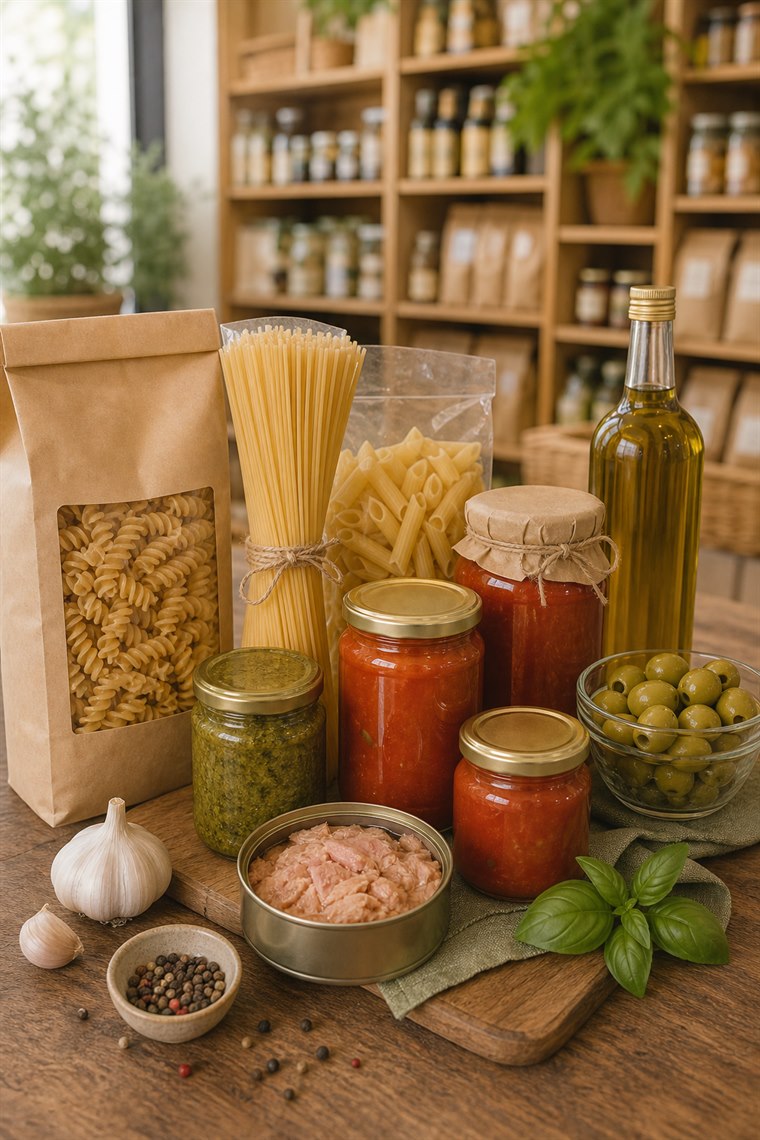 Паста, лазанья, томаты, масло и продукты для итальянского ужина